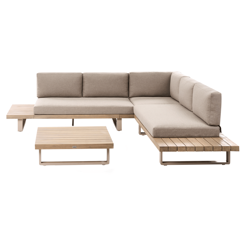 Hjørnesofa utendørs med bord 5-seter Mykonos høyrevendt akasietre, Beige/brun