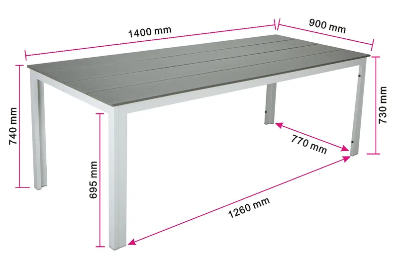 Tunis ute spisebord 140x90 cm rektangulært - Hvit/Grå - Hagemøbler - Hagebord - Spisebord ute