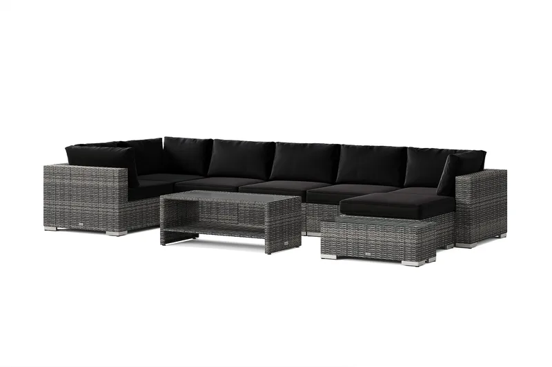 Bahamas utendørs U-sofa 7-seters vendbar divan med åpen avslutning og bord med hylle - Grå - Hagemøbler - Loungemøbler - Sofagruppe utendørs