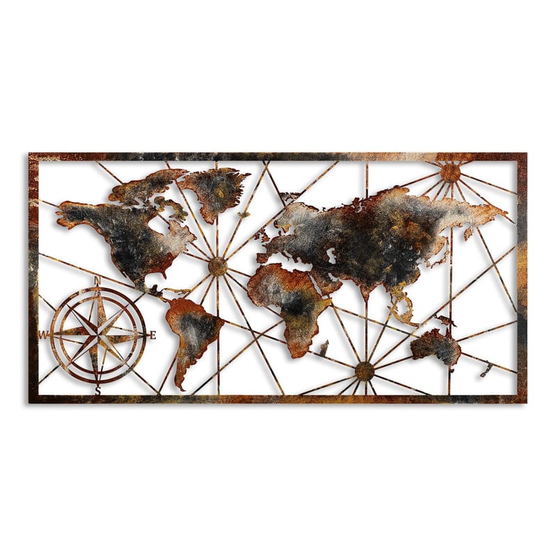 Dekorativt metallveggtilbehør Wallxpert Verdenskart-ramme (120 x 60 cm) Brun