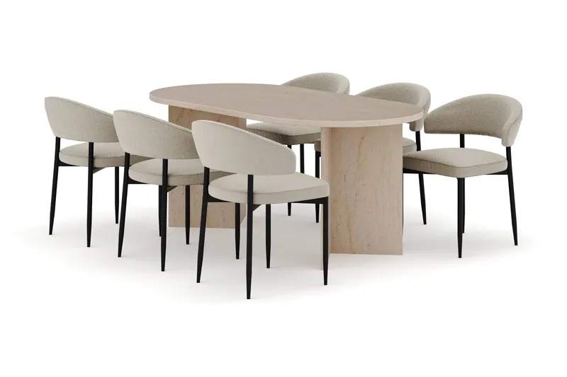 Dano Spisebord 180 cm med 6 Sawako Spisestoler, Travertin / Beige