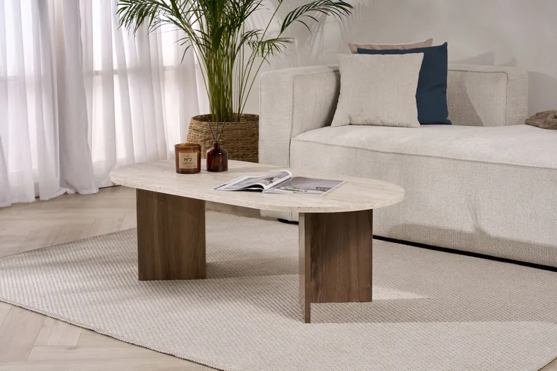 Hasina sofabord 119 cm ovalt - Travertin og Valnøtt - Møbler - Bord - Sofabord