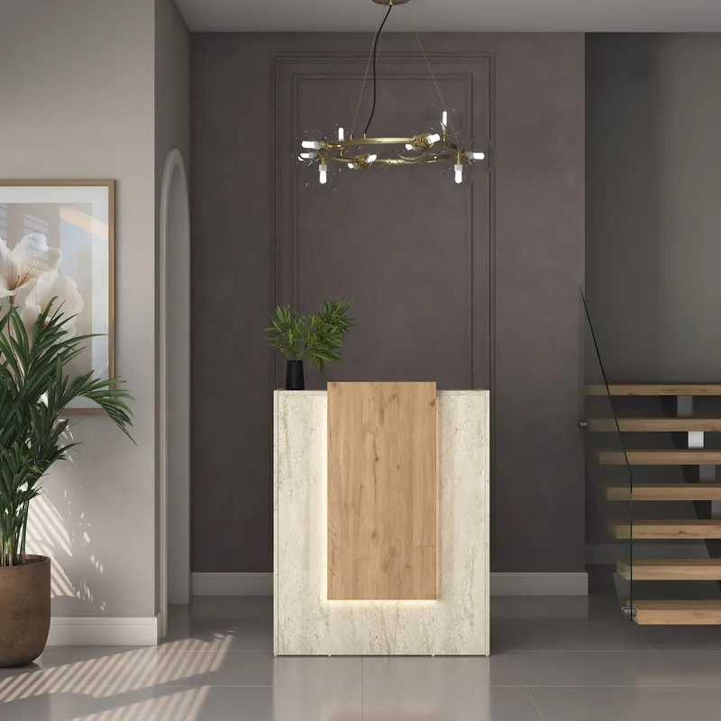 Resepsjonsbord Wallxpert Cleo Shelf (90 x 110 x 40 cm) travertin valnøtt - Travertin og valnøtt - Møbler - Bord - Avlastningsbord - Gangbord