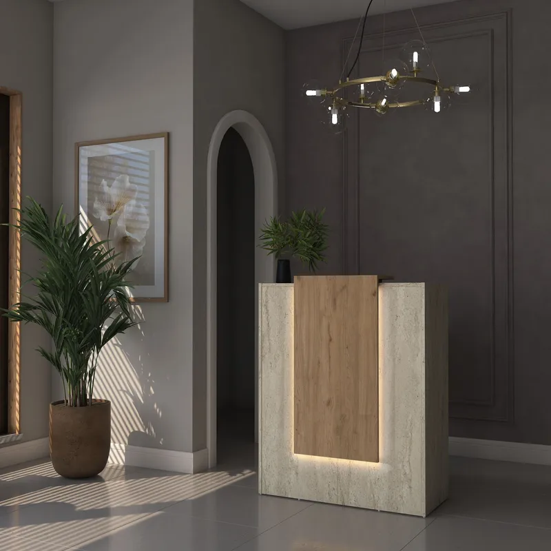 Resepsjonsbord Wallxpert Cleo Shelf (90 x 110 x 40 cm) travertin valnøtt - Travertin og valnøtt - Møbler - Bord - Avlastningsbord - Gangbord