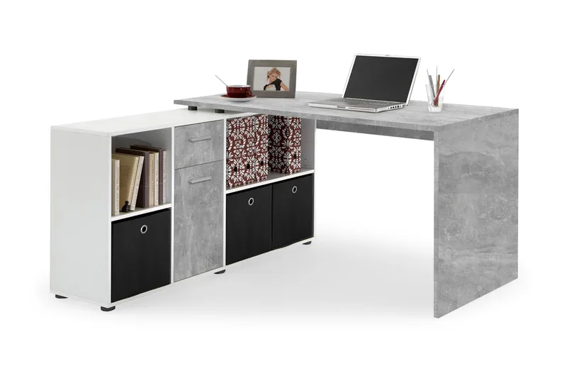 Lexo Hjørneskrivebord 136 cm med Justerbar Hylla, Betong