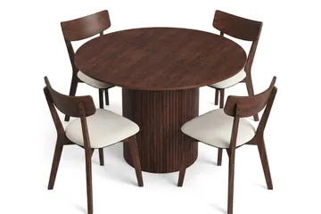 Kopparbo spisegruppe, 110 cm, rund i valnøtt, med 4 Amelia-spisestoler med pute - Valnøtt/beige - Møbler - Bord - Spisegrupper