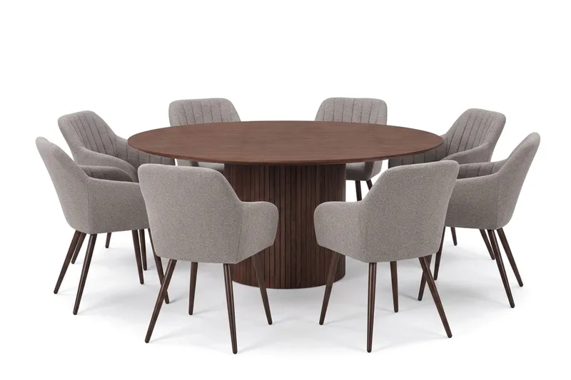 Kopparbo spisegruppe, rund 180 cm, valnøtt med 8 Filippa spisestoler, Valnøtt