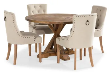 Lyon Spisegruppe 120 cm Rundt spisebord i Tre med 4 Viktoria Stoler - Tre / Beige - Møbler - Bord - Spisegrupper