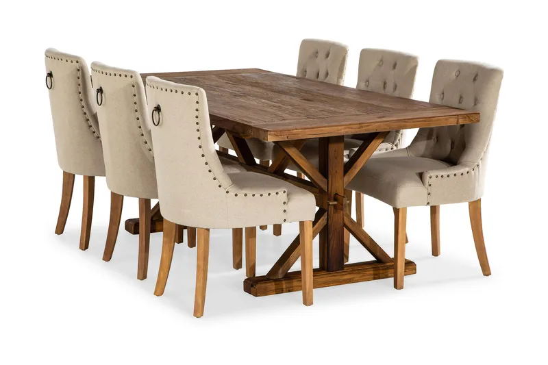 Lyon Spisegruppe 200 cm + 6 Stoler Uttrekkbart Spisebord med Tilleggsplate, Brunt Tre / Natur Beige