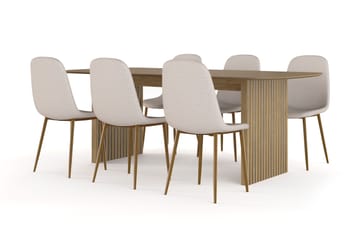 Richeto spisebord 210 cm eik + 6 stk. Nibe stol beige med eikeben - Natur/beige - Møbler - Bord - Spisegrupper