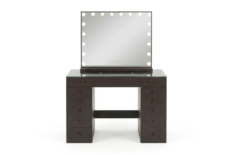 Glow Sminkebord 120 cm med Speil 80 cm og Belysning Glassplate Oppbevaring og Skuffer, Brun