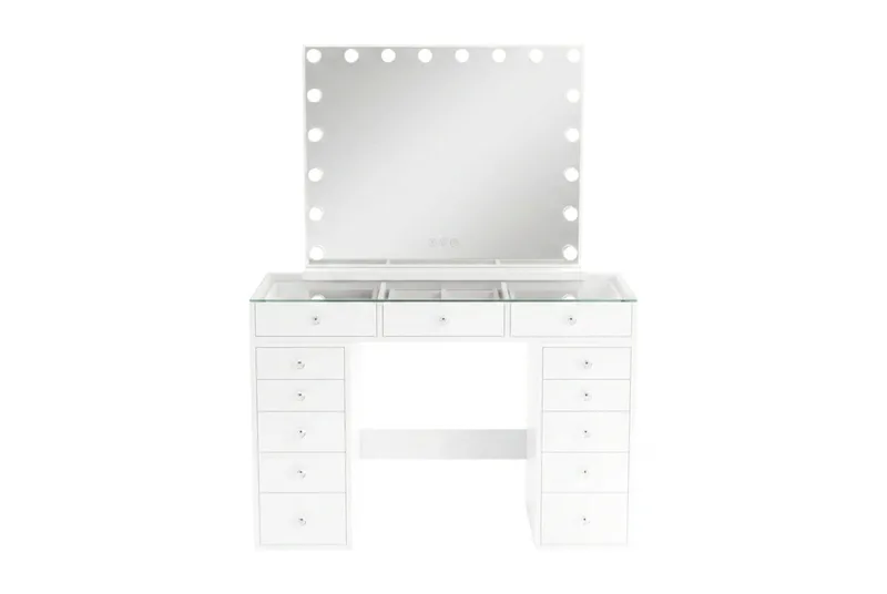 Glow Sminkebord 120 cm med Speil 80 cm og Belysning Glassplate Oppbevaring og Skuffer, Hvit