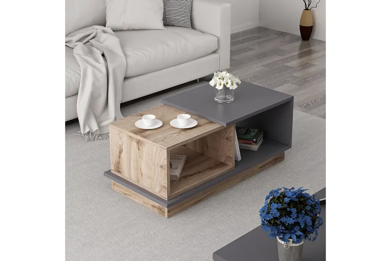 Broceni Sofabord 90 cm med Oppbevaring Hyller - Antrasitt/Natur - Møbler - Bord - Sofabord
