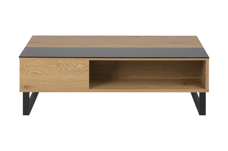 Muriel Forlengingsbart Sofabord 110 cm med Oppbevaring Hylle, Glass/Eikefarge/Svart