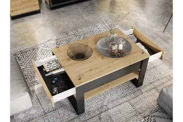 Quant Sofabord 100 cm med Oppbevaring 2 Skuffer + Hylle - Eikefarge/Svart - Møbler - Bord - Sofabord