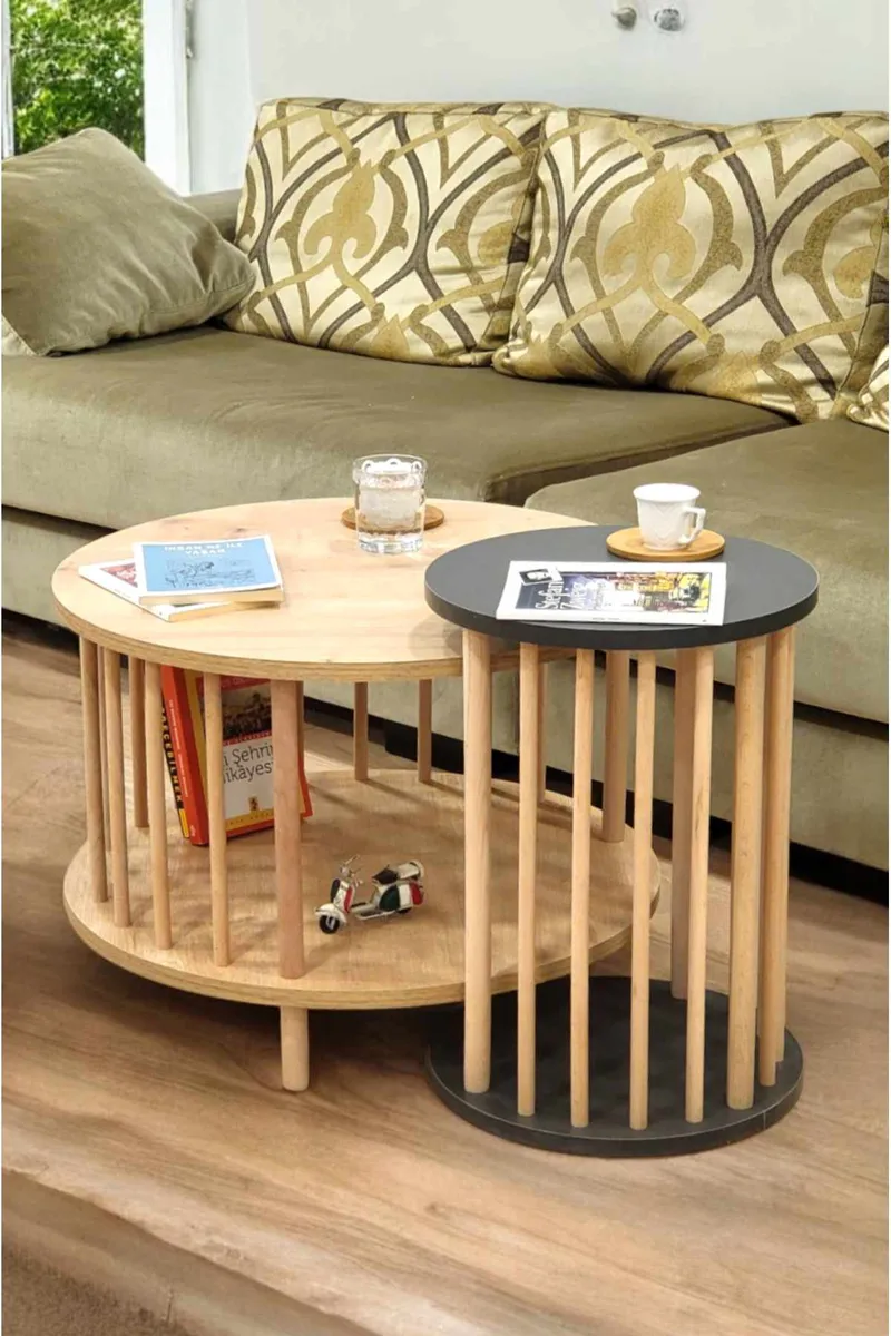 Sofabordsett Hanah Home Peka Set Pro (Ø60 x H43 cm) Sapphire eik antrasitt, Sapphire Oak og antrasitt