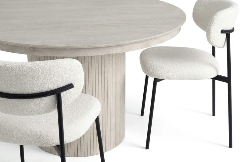 Spisegruppe Bark Kopparbo 120–220 cm Hvitlasert Hvit bouclé/metallben svart Rund 4 - Møbler - Bord - Spisegrupper