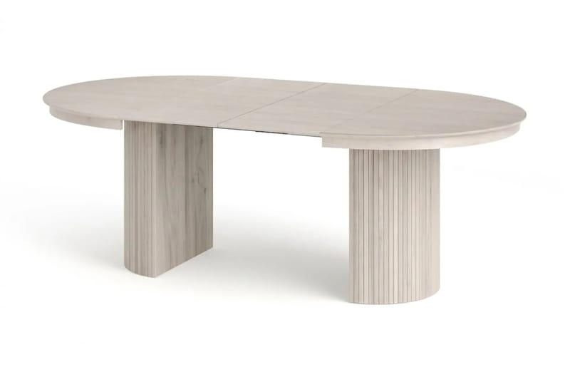 Spisegruppe Bark Kopparbo 120–220 cm Hvitlasert Hvit bouclé/metallben svart Rund 4 - Møbler - Bord - Spisegrupper