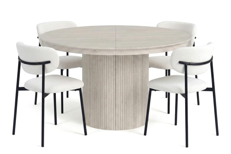 Spisegruppe Bark Kopparbo 120–220 cm Hvitlasert Hvit bouclé/metallben svart Rund 4 - Møbler - Bord - Spisegrupper