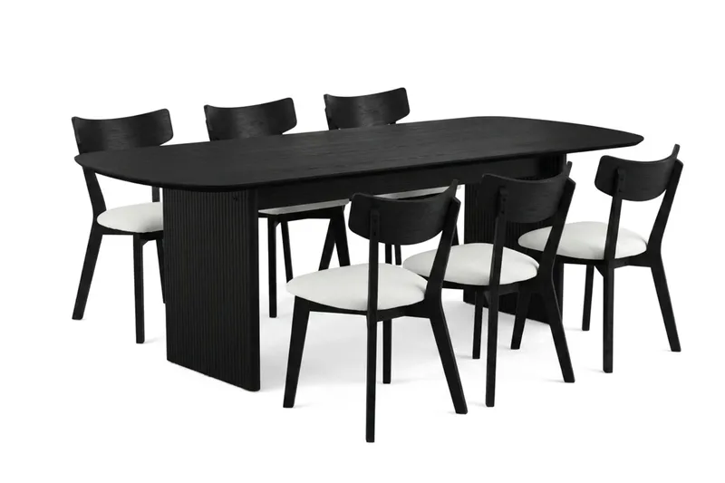 Alma spisegruppe 220 cm rektangulær i svart med 6 Amelia spisestoler med pute, Svart/beige