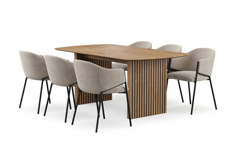 Richeto spisebord 180 cm med 6 Filip spisestoler, Naturlig finish / taupe bouclé