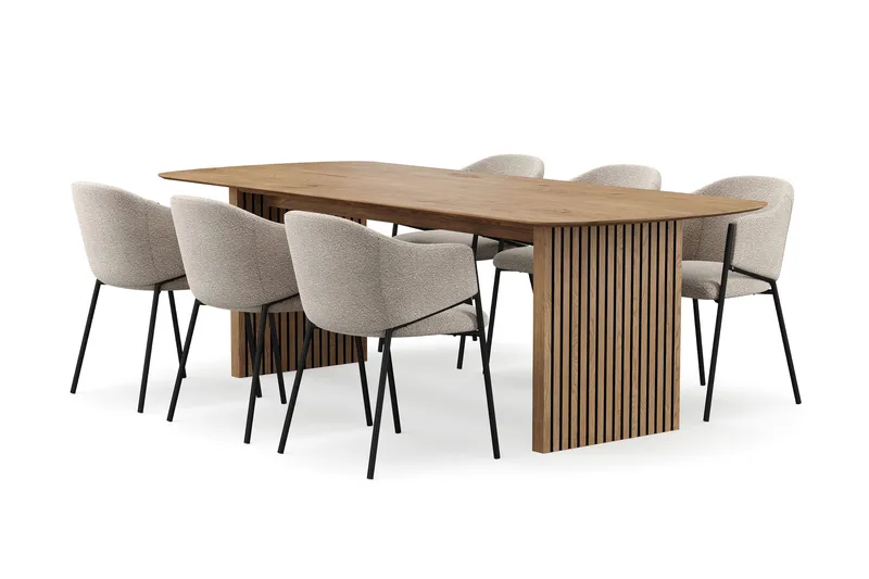 Richeto spisebord 240 cm med 6 Filip spisestoler, Naturlig finish / taupe bouclé