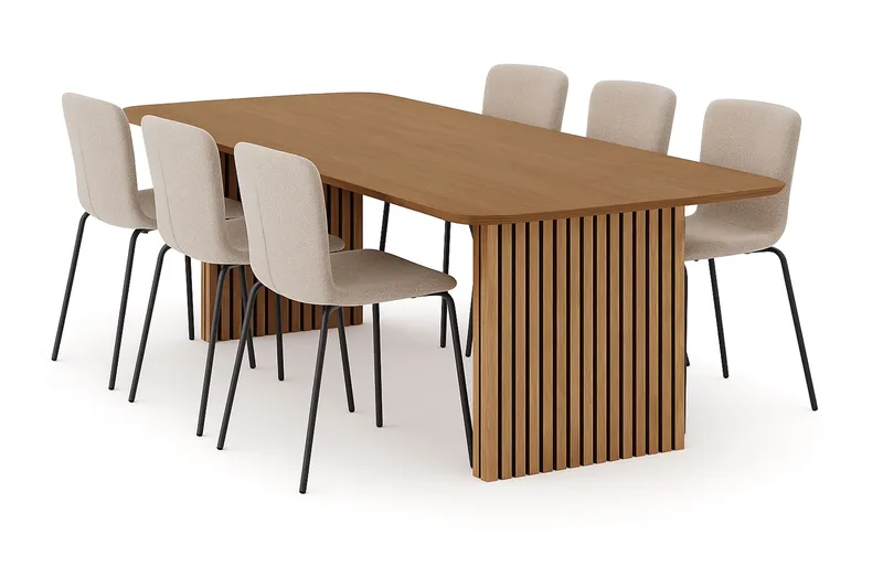 Richeto spisebord 240 cm med 6 Katy spisestoler, Naturlig finish / Greige bouclé / Metallben svart