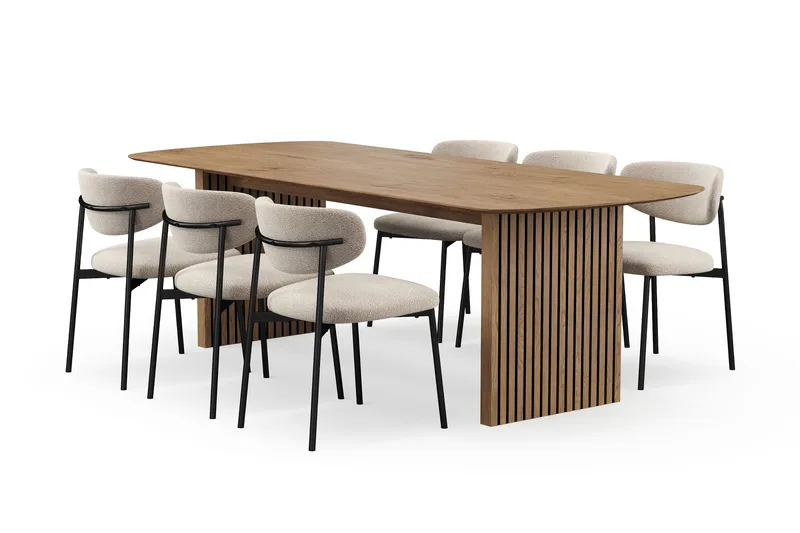 Richeto spisebord 240 cm med 6 Lucy spisestoler, Naturlig finish / Greige bouclé / Metallben svart