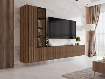 Klinkerville møbelsett ribbet TV-benk vitrineskap med LED-belysning vegghengt - gulvstående 260 cm - Valnøtt brun - Møbler - Møbelsett - Møbelsett til stue