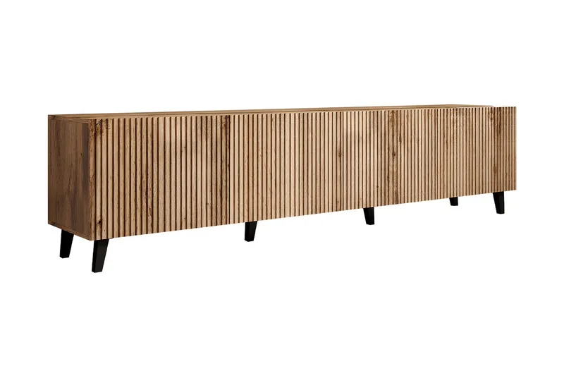 Juniskär Ribbet TV-benk i tre med oppbevaring - 40 cm dyb, 200 cm bred, 49 cm høy, Eik / Svart / Tre / Ribbet