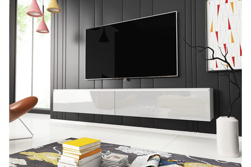 Cuguen Vegghengt TV-benk med oppbevaring 180x32x30 cm - Hvit / Høyglans - Møbler - Mediamøbel & tv møbel - TV-benk & mediabenk