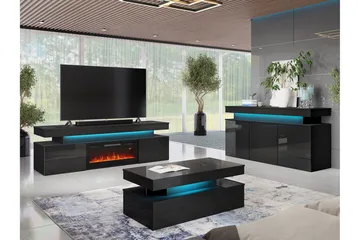 TV-benk Glenndale med oppbevaring + LED-kamin + Belysning 190 cm - Svart - Møbler - Mediamøbel & tv møbel - TV-benk & mediabenk