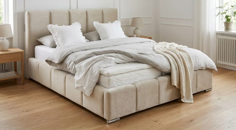 Cleaton boblete sengeramme 180x200 cm med oppbevaring, HVILA fjærmadrass og overmadrass i memoryskum med vaskbart trekk - Beige/hvit - Møbler - Senger - Komplett sengepakke