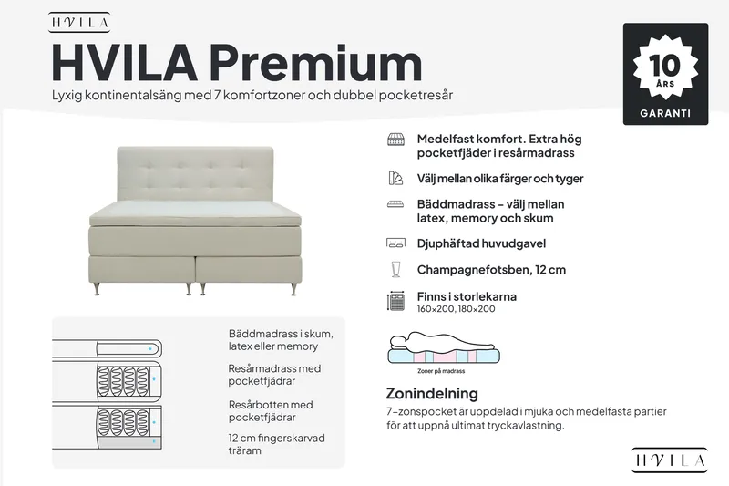 HVILA Premium Kontinentalseng 160x200 cm - Lysebeige stoff - Møbler - Senger - Kontinentalsenger
