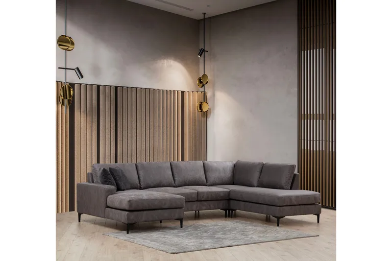 Svanabyn Sofa m. Divan og Sjeselong 4-seter, Antrasitt