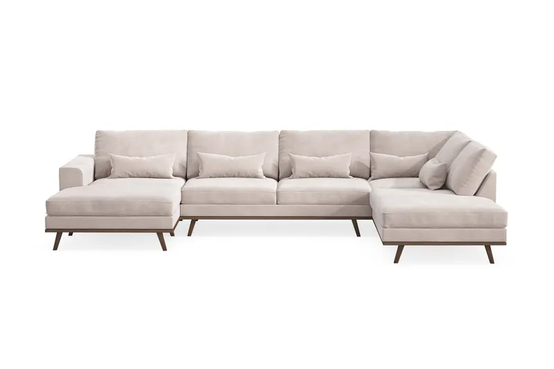 Copenhagen 5-seters Høyrevendt U-formet Large Sofa med Divan og Sjeselong i Fløyel, Beige