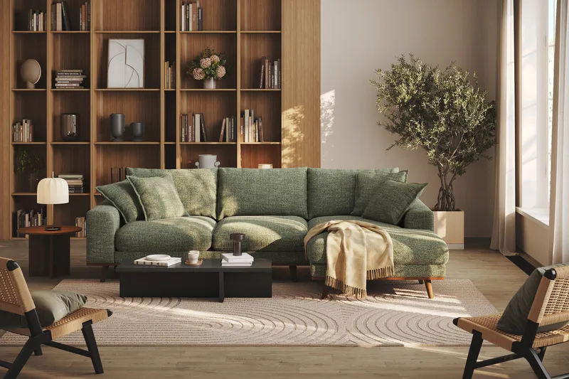 Copenhagen Premium 4-personers Højrevendt L-formet Dyb Divansofa i Chenille - Grøn - Møbler - Sofaer - Sofa med sjeselong