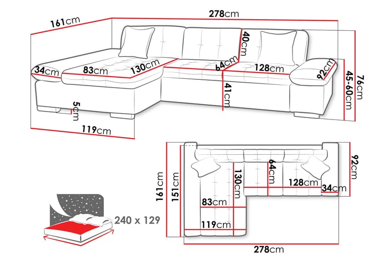 Djerra Sovesofa med Sjeselong 3-seter i Kunstlær - Svart / Grå - Møbler - Sofaer - Sovesofaer