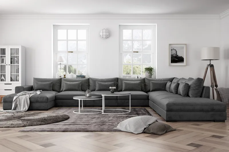 Dubai stor U-modulsofa med divan venstre fløyel 527 cm ekstra dyp - Mørkegrå - Møbler - Sofaer - Modulsofaer - Komplett modulsofa