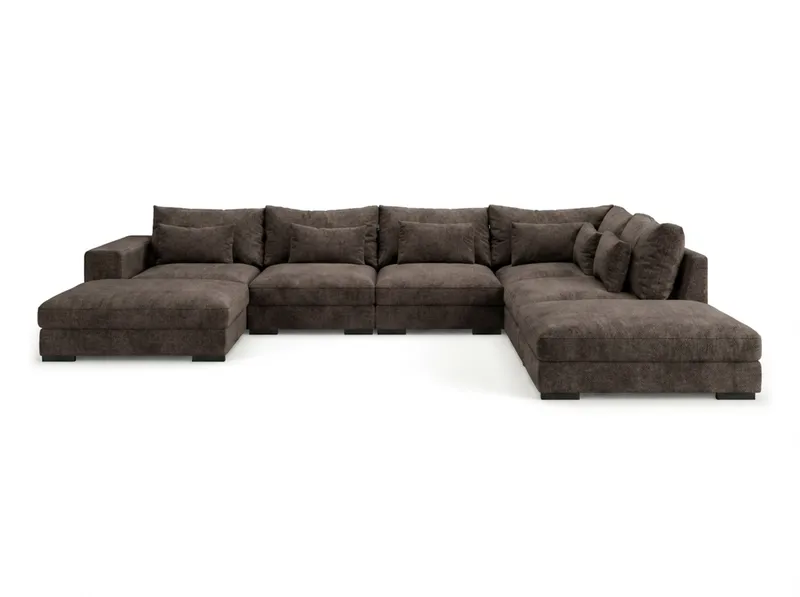 Dubai stor U-sofa modul med divan venstre ekstra dyp i Chenille, Mørkebrun