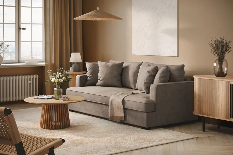 Rossita 3-seters Dyp Sofa med Hel Pute i Stoff - Brun - Møbler - Sofaer - Sofa 3 seter
