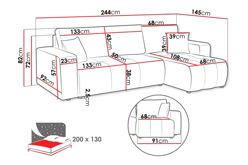 Flo Sovesofa med Sjeselong 3-seter - Svart - Møbler - Sofaer - Sofa med sjeselong