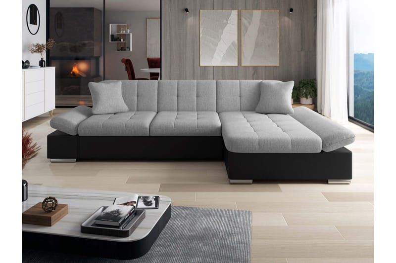 Vananda Sofa med Sjeselong 3-seter i Kunstlær - Svart / Grå - Møbler - Sofaer - Sofa med sjeselong