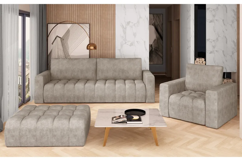 Alazaro Sofagruppe 3-seter + Lenestol + Puff, Beige