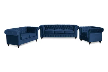 Chesterfield Luksus Sofagruppe 3+2+1 i Fløyel - Blå - Møbler - Sofaer - Sofagrupper - Sofagruppe 3 2 1