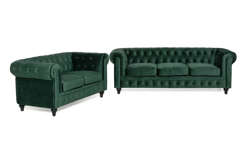 Chesterfield Luksus Sofagruppe 3+2 i Fløyel, Grønn