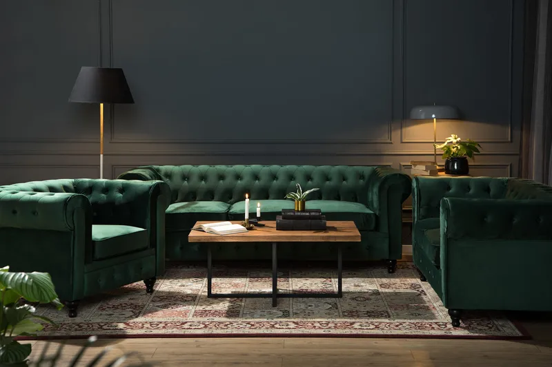 Chesterfield Luksus Sofagruppe 3+2 i Fløyel - Grønn - Møbler - Sofaer - Sofagrupper - Chesterfield sofagruppe