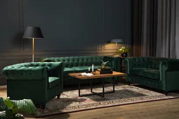 Chesterfield Lyx Sofagruppe 2-seter+Lenestol Fløyel - Grønn - Møbler - Sofaer - Sofagrupper - Chesterfield sofagruppe