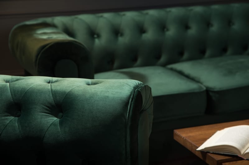 Chesterfield Lyx Sofagruppe 2-seter+Lenestol Fløyel - Grønn - Møbler - Sofaer - Sofagrupper - Chesterfield sofagruppe