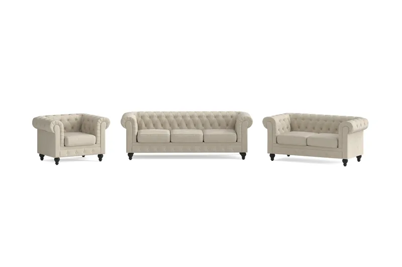 Chesterfield Lyx Sofagruppe 3-seter+2-seter+Lenestol, Beige